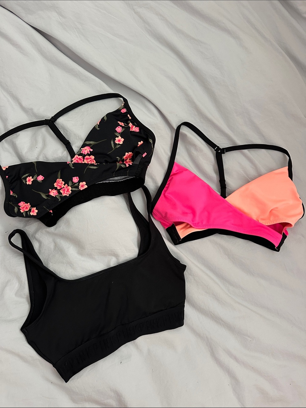 PINK Victoria's Secret Floral Black & Neon Pink/Coral Sports Bras (3-Pack)